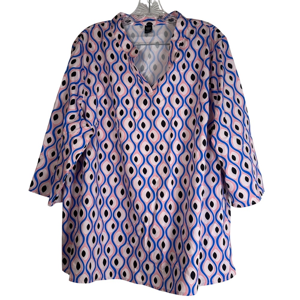 Shein Curve 2XL Pink Blue Geometric Print Split V-Neck 3/4 Sleeve Tunic Blouse